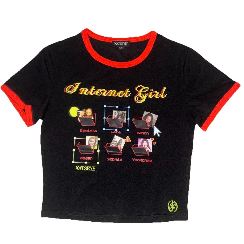 KATSEYE T Shirt S/M Black Baby Tee Internet Girl‎ Merch Cropped Ringer NEW
